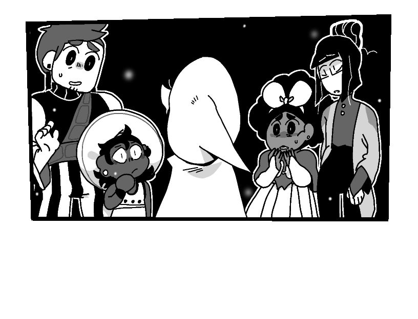 The party draw away from the ghost. They look disturbed. The ghost's back is still turned to the viewer.